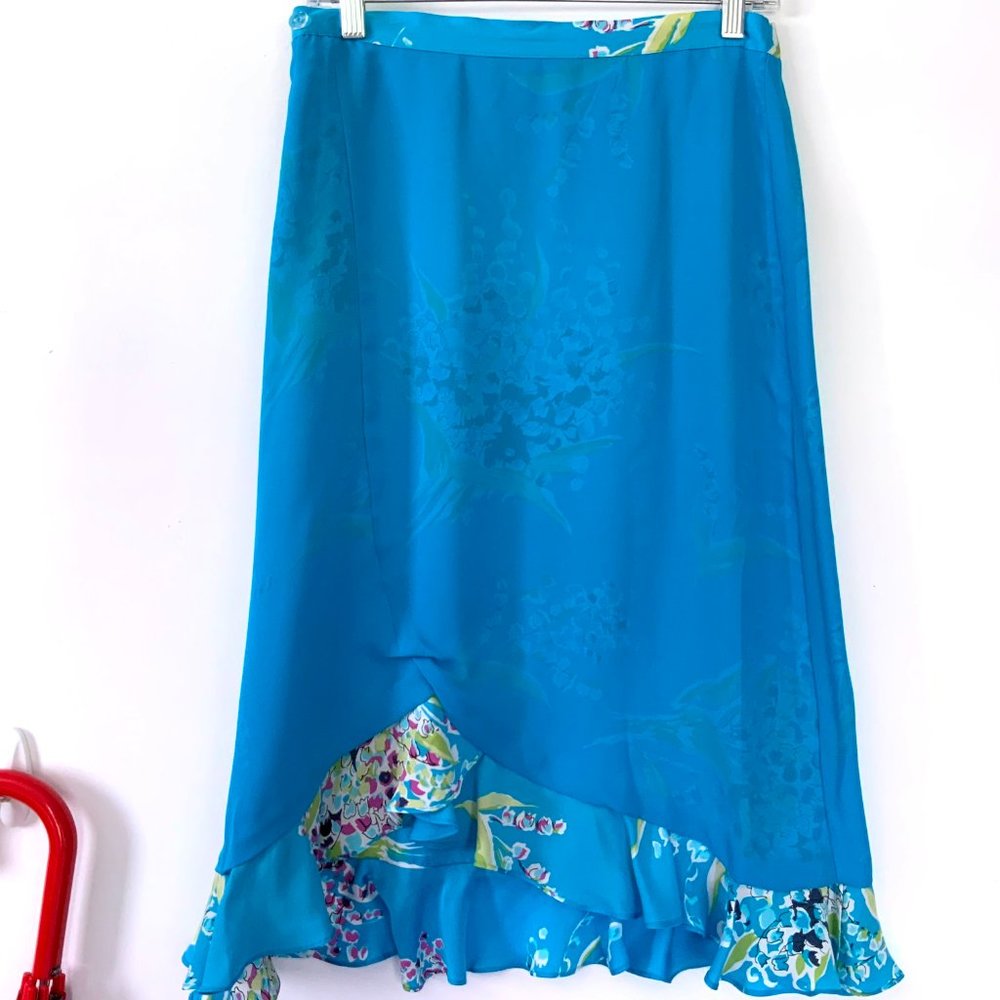 Valerie Stevens 100% Silk Blue Floral Midi Ruffle Faux Wrap Skirt Sz 8P - Picture 14 of 16